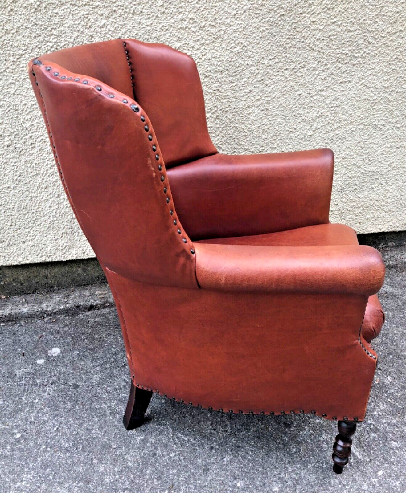 000834....Handsome Pair Of Smaller Vintage Leather Wing Back Armchairs / Leather Armchairs ( sold )