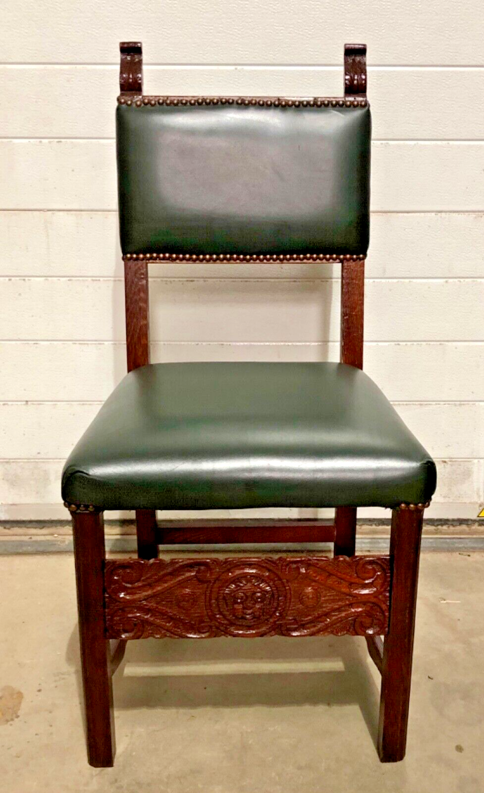 000847....Handsome Pair Of Carved Oak Hall Chairs With Green Leather Upholstery ( sold )