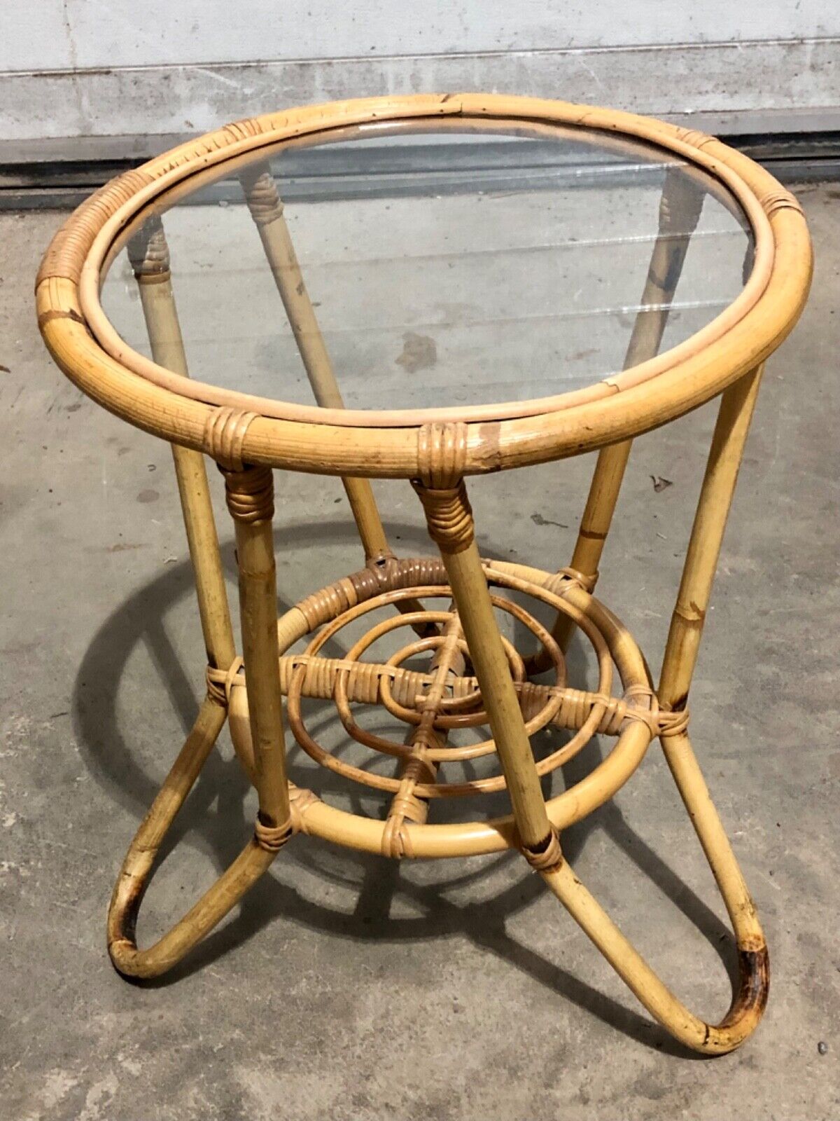 000782....Pair Of Vintage Bamboo Round Coffee Tables / Occasional Tables
