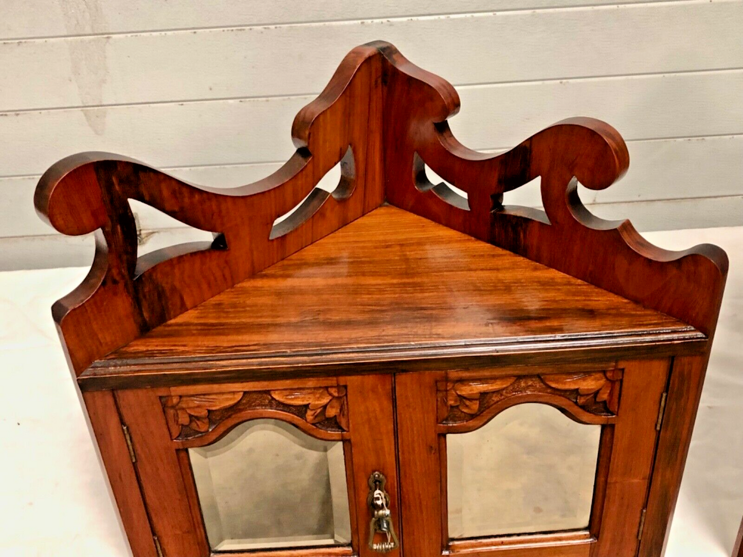 000839....Handsome Pair Of Walnut Wall Cabinets / Antique Corner Cabinets