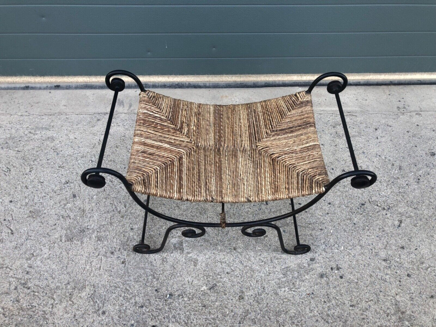 000841....Vintage Bohemian Style Wrought Iron Stool With Rush Seat ( sold )