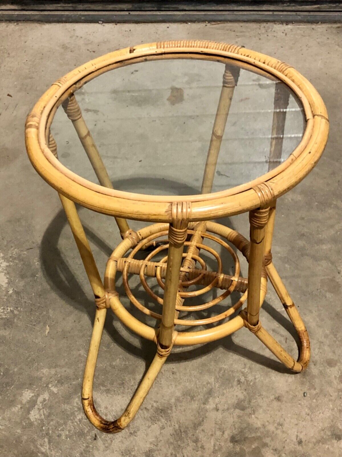 000782....Pair Of Vintage Bamboo Round Coffee Tables / Occasional Tables