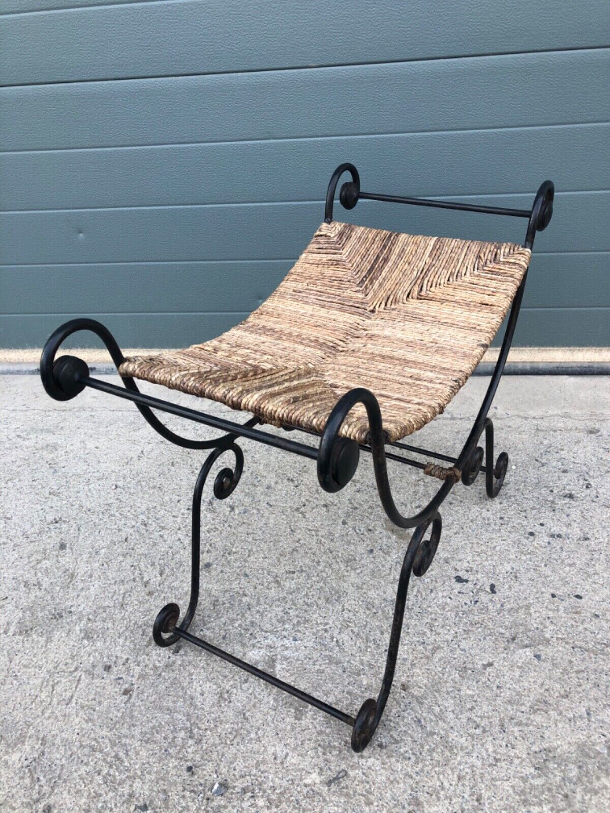 000841....Vintage Bohemian Style Wrought Iron Stool With Rush Seat ( sold )