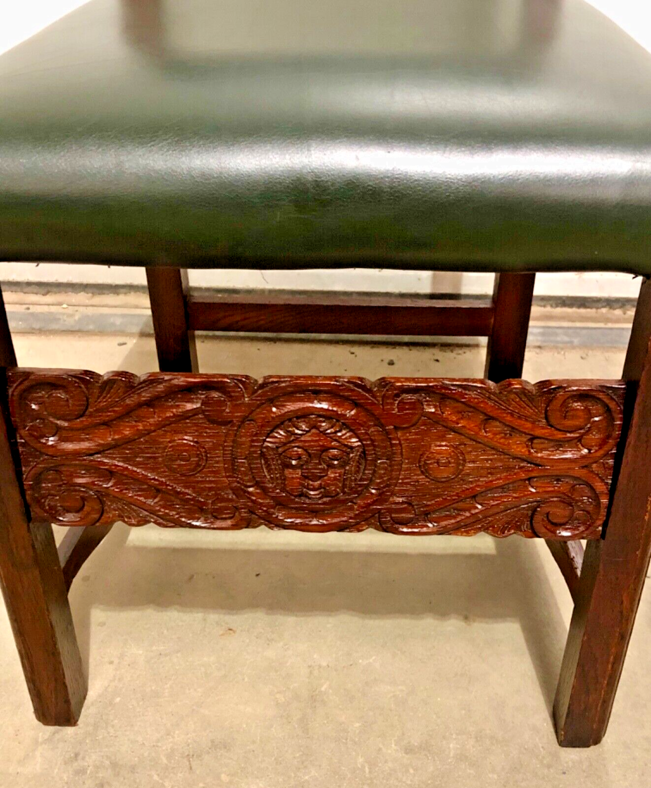 000847....Handsome Pair Of Carved Oak Hall Chairs With Green Leather Upholstery ( sold )