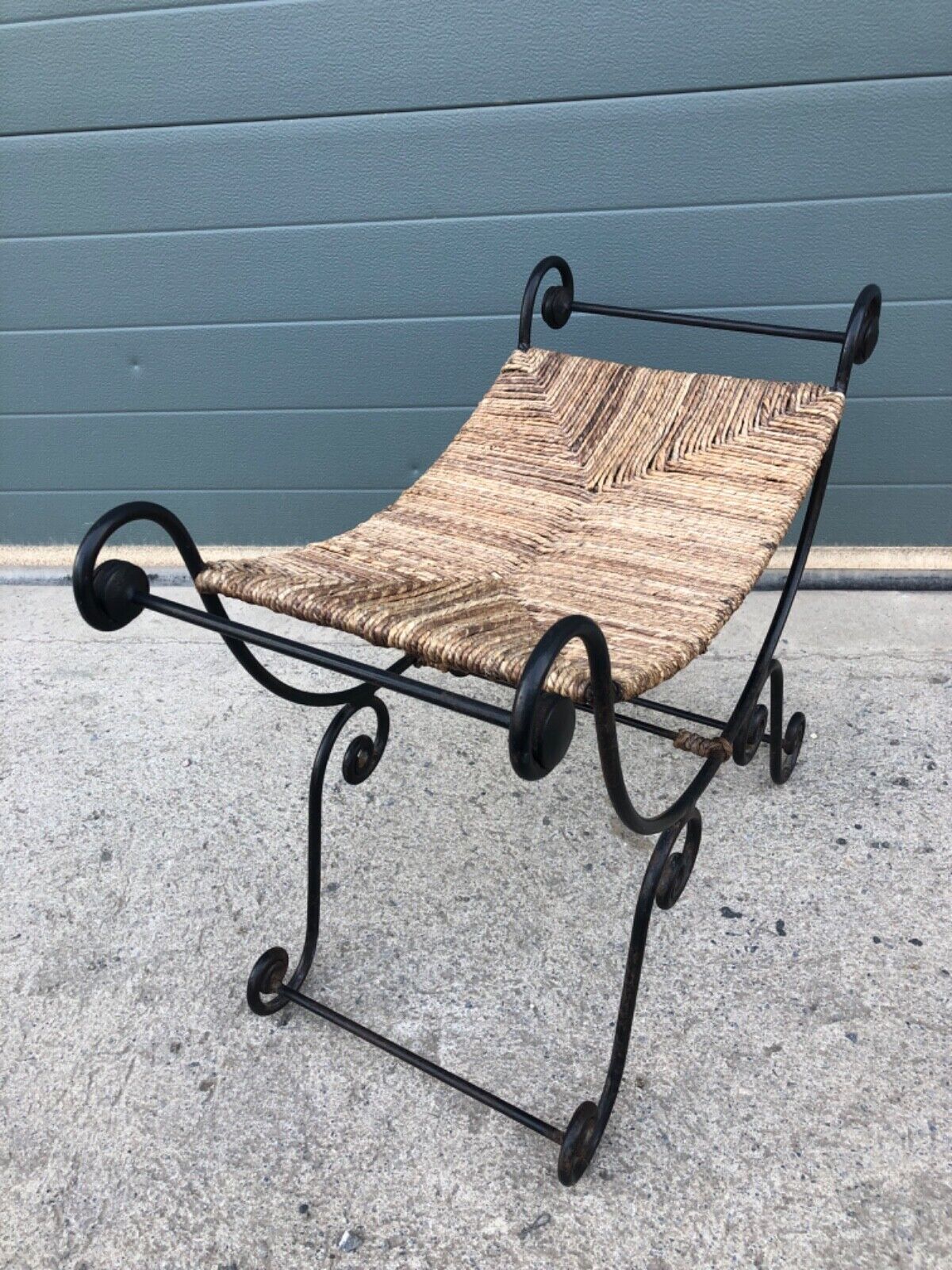 000841....Vintage Bohemian Style Wrought Iron Stool With Rush Seat ( sold )