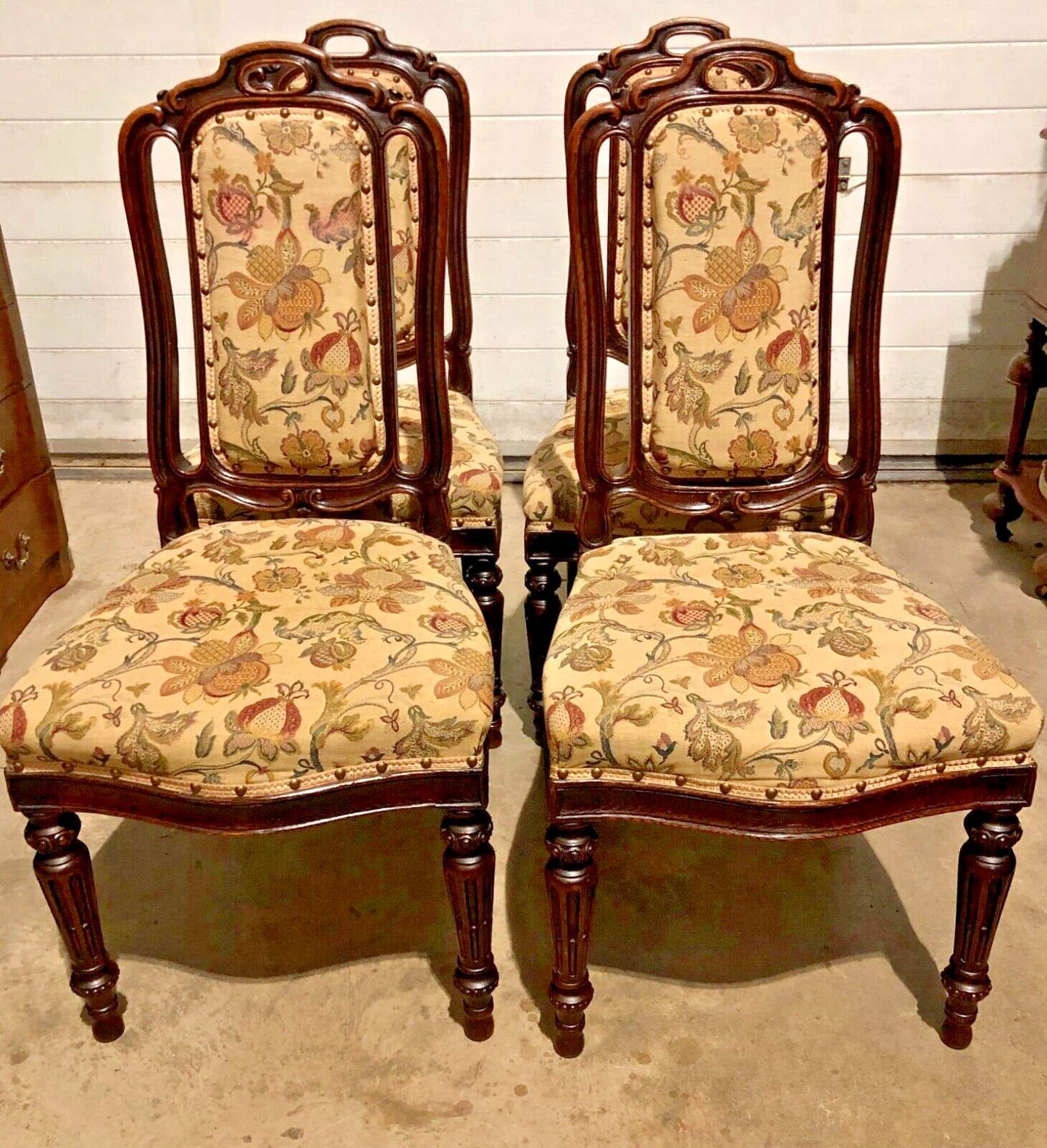 000790....Handsome Set Of Four Antique Carved Oak Dining Chairs