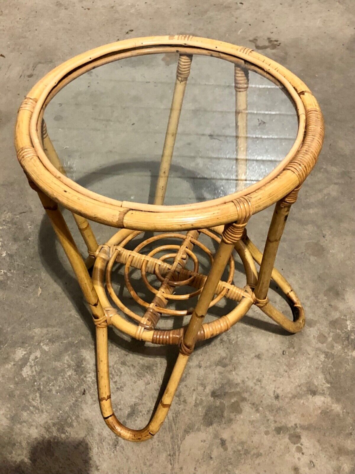 000782....Pair Of Vintage Bamboo Round Coffee Tables / Occasional Tables