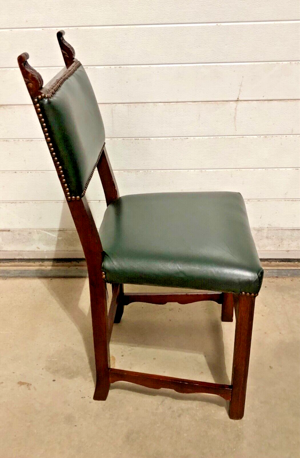 000847....Handsome Pair Of Carved Oak Hall Chairs With Green Leather Upholstery ( sold )
