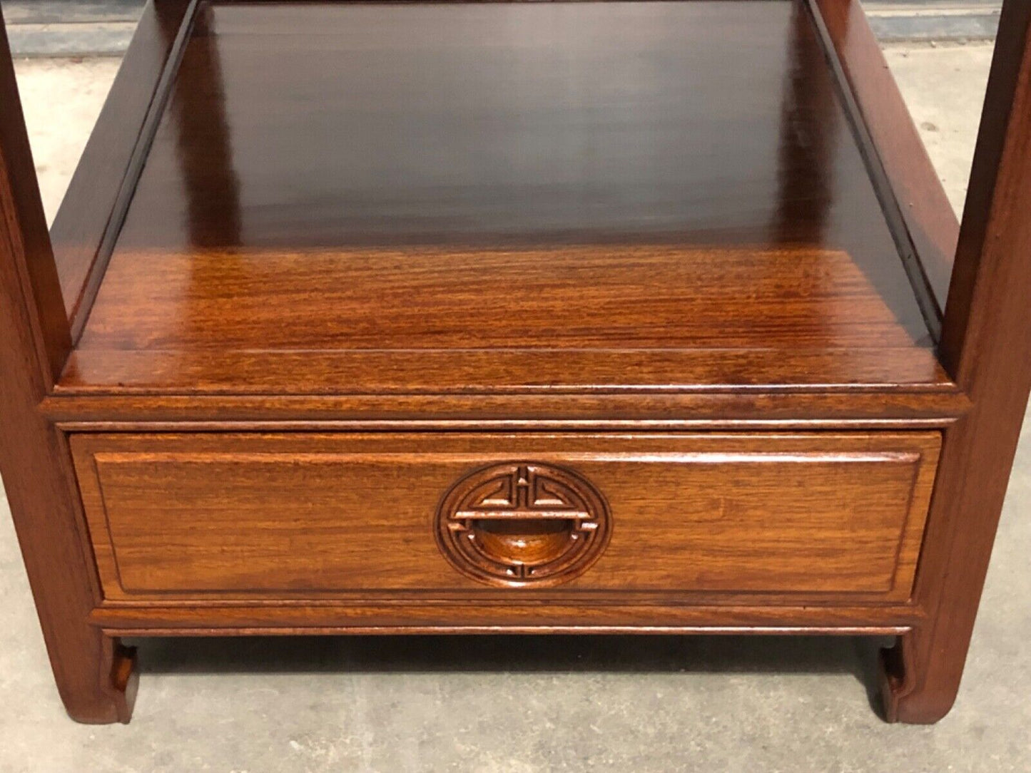 000736....Handsome Pair Of Chinese Hardwood Bedside Tables / Lamp Tables ( sold )