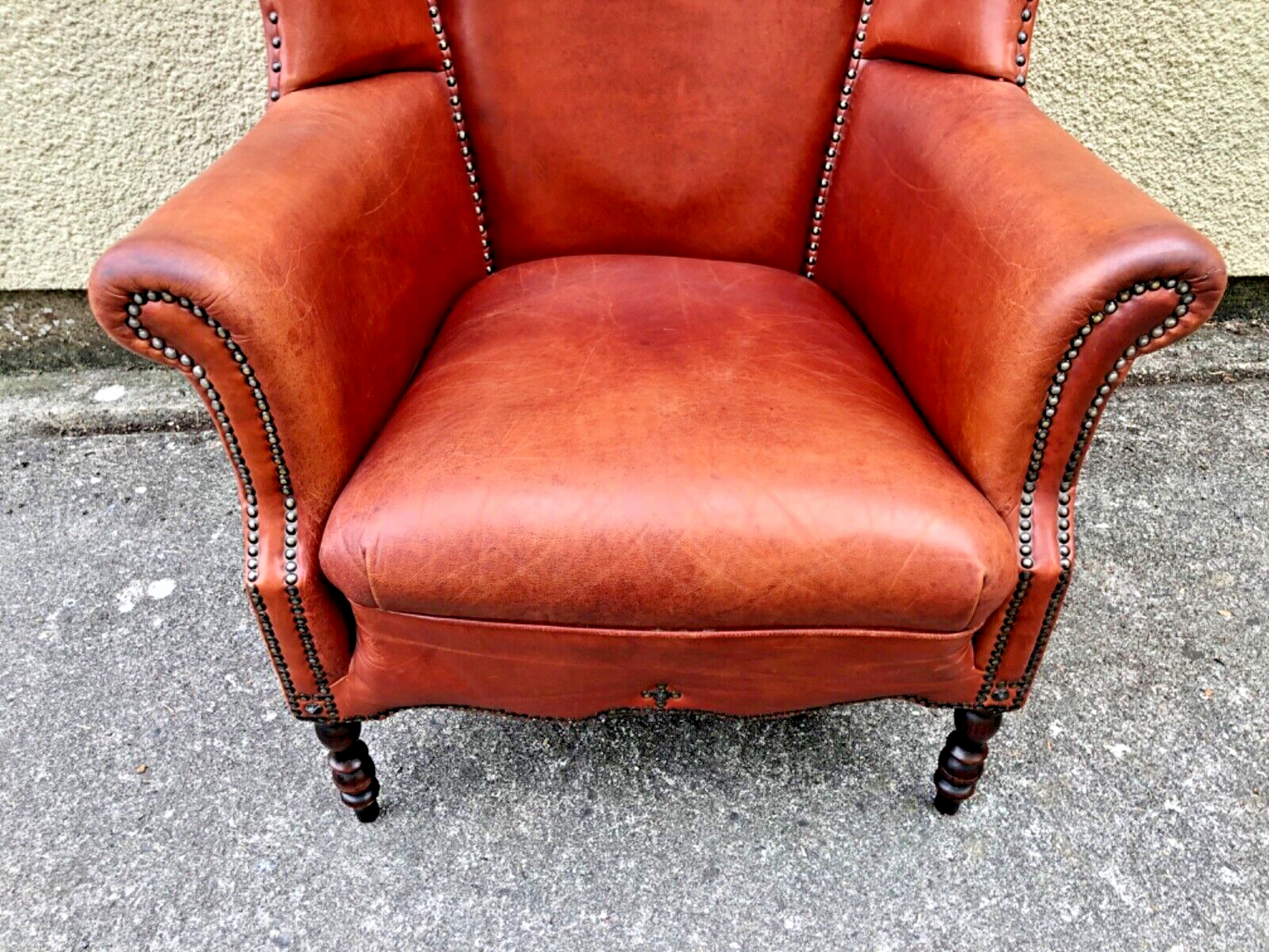 000834....Handsome Pair Of Smaller Vintage Leather Wing Back Armchairs / Leather Armchairs ( sold )