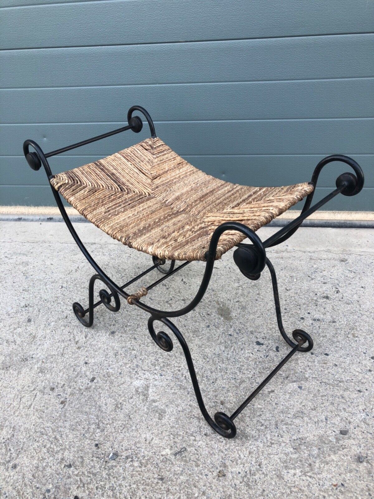000841....Vintage Bohemian Style Wrought Iron Stool With Rush Seat ( sold )
