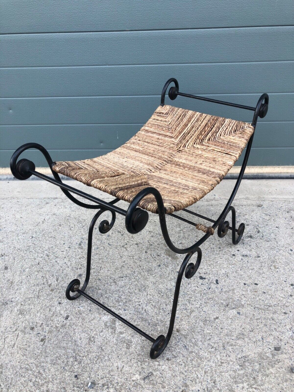 000841....Vintage Bohemian Style Wrought Iron Stool With Rush Seat ( sold )