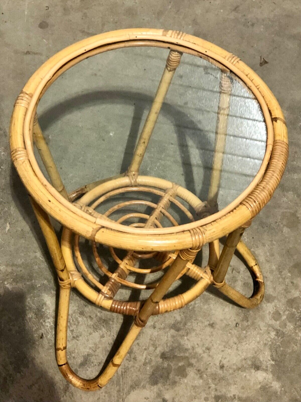 000782....Pair Of Vintage Bamboo Round Coffee Tables / Occasional Tables