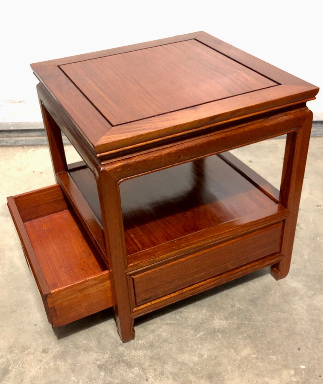 000736....Handsome Pair Of Chinese Hardwood Bedside Tables / Lamp Tables ( sold )