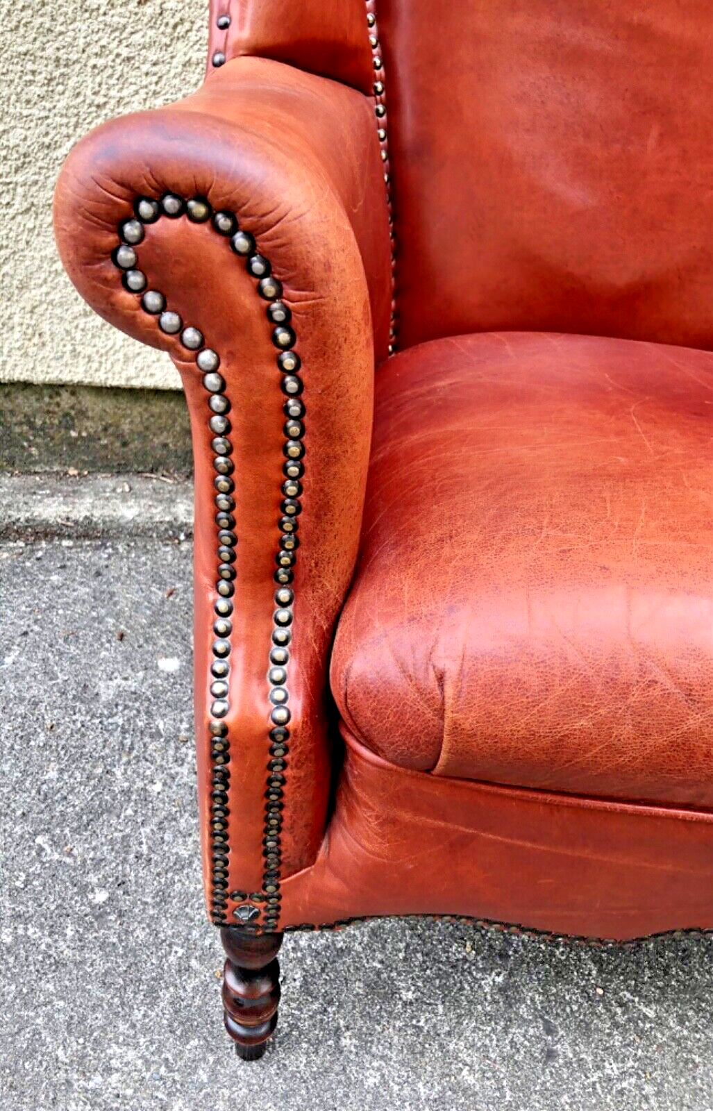 000834....Handsome Pair Of Smaller Vintage Leather Wing Back Armchairs / Leather Armchairs ( sold )