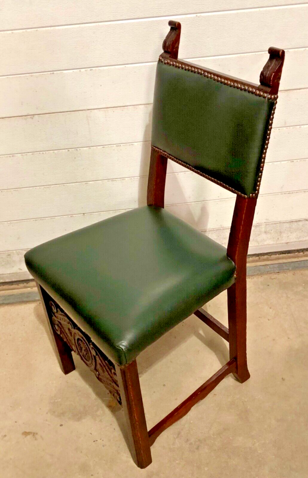 000847....Handsome Pair Of Carved Oak Hall Chairs With Green Leather Upholstery ( sold )