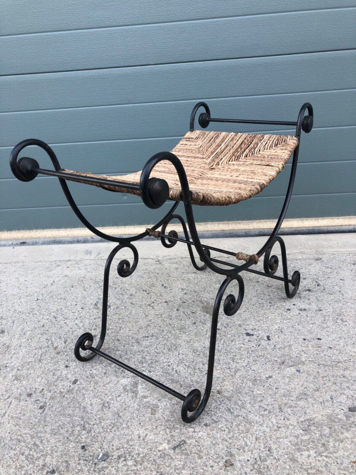 000841....Vintage Bohemian Style Wrought Iron Stool With Rush Seat ( sold )
