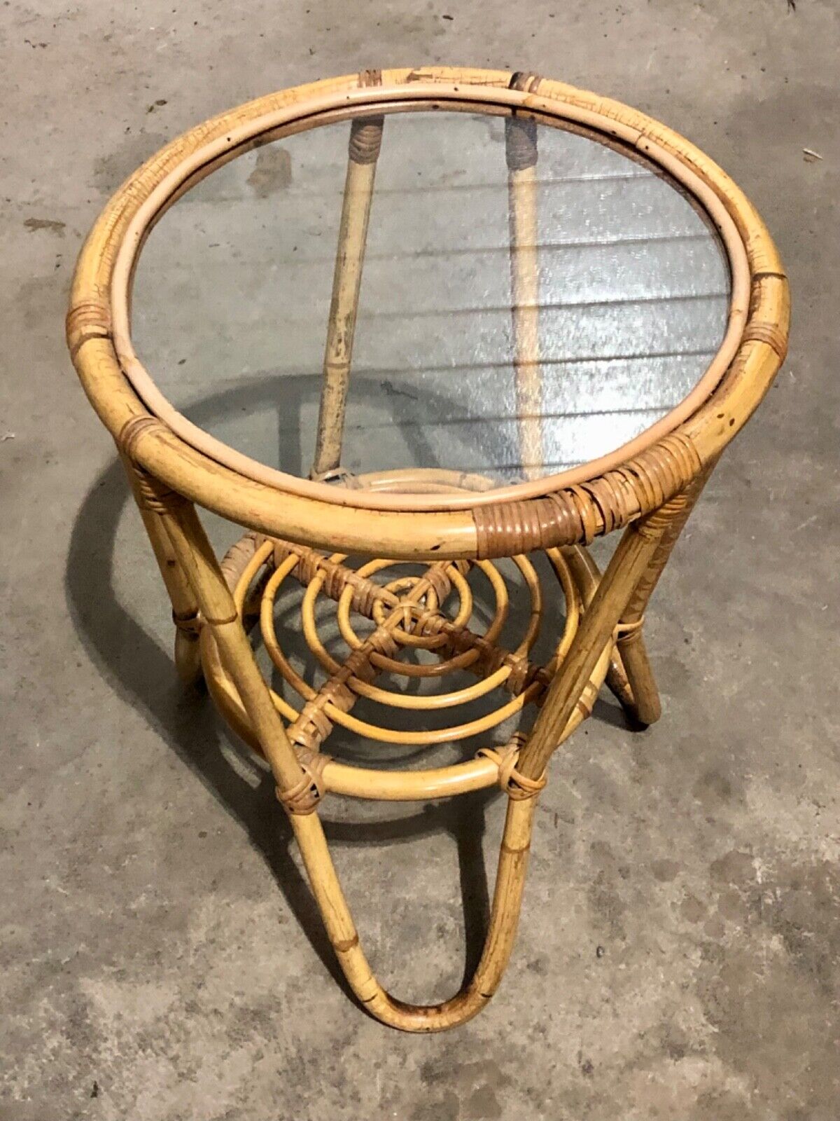 000782....Pair Of Vintage Bamboo Round Coffee Tables / Occasional Tables