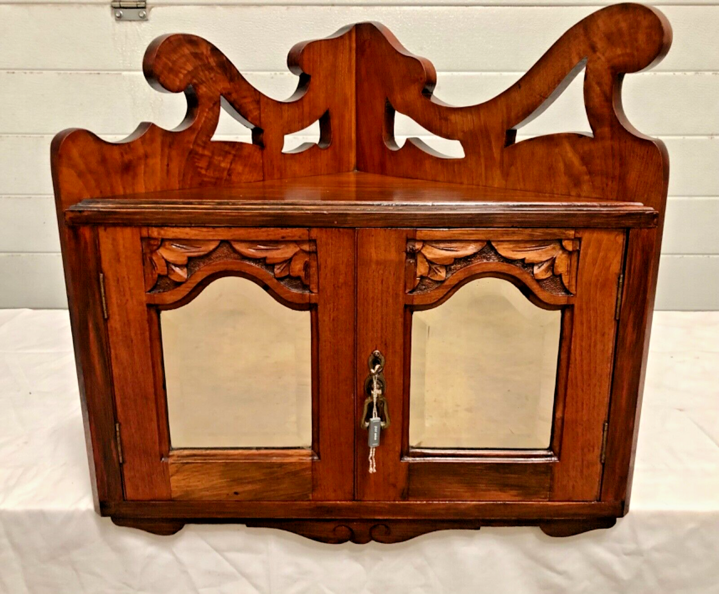 000839....Handsome Pair Of Walnut Wall Cabinets / Antique Corner Cabinets