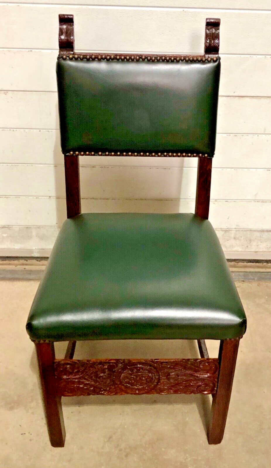 000847....Handsome Pair Of Carved Oak Hall Chairs With Green Leather Upholstery ( sold )
