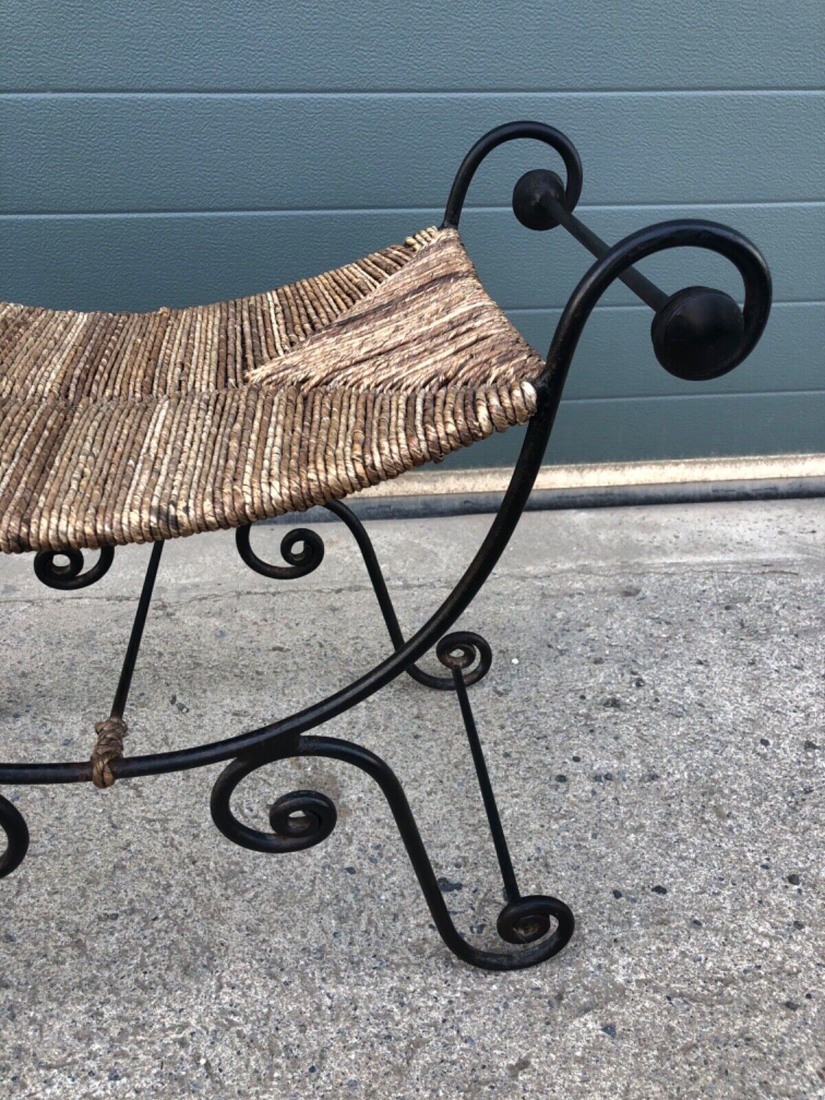 000841....Vintage Bohemian Style Wrought Iron Stool With Rush Seat ( sold )