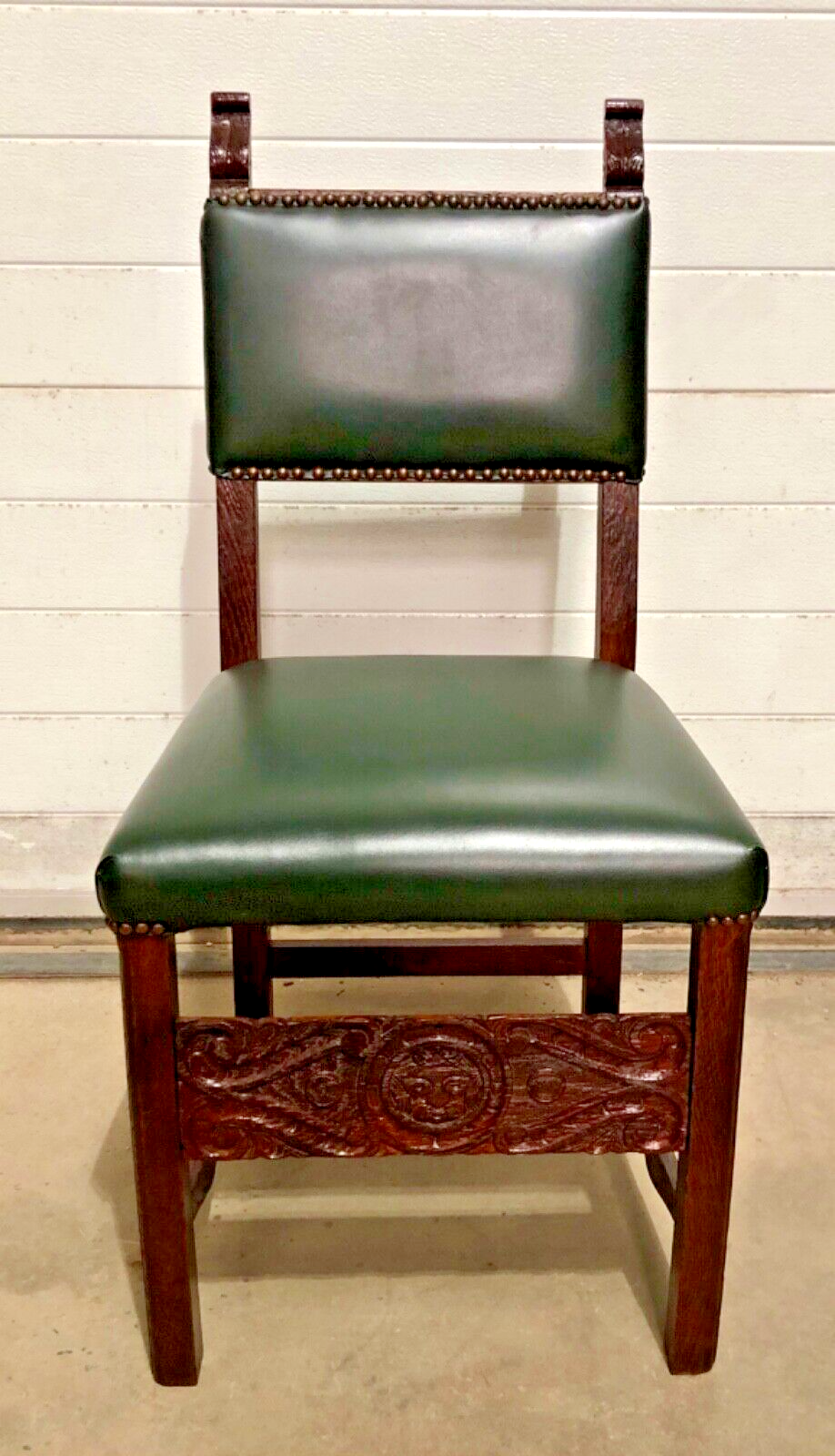 000847....Handsome Pair Of Carved Oak Hall Chairs With Green Leather Upholstery ( sold )