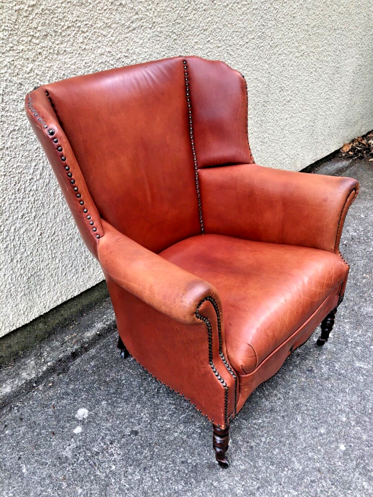 000834....Handsome Pair Of Smaller Vintage Leather Wing Back Armchairs / Leather Armchairs ( sold )