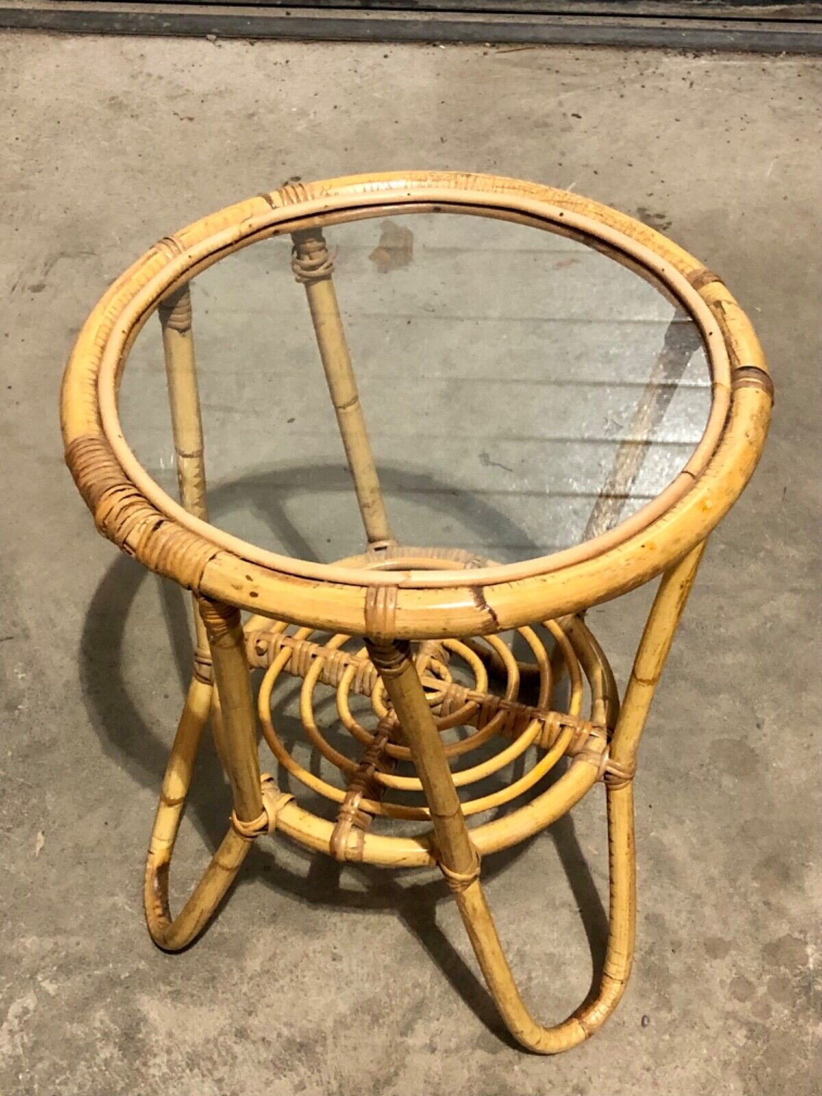 000782....Pair Of Vintage Bamboo Round Coffee Tables / Occasional Tables