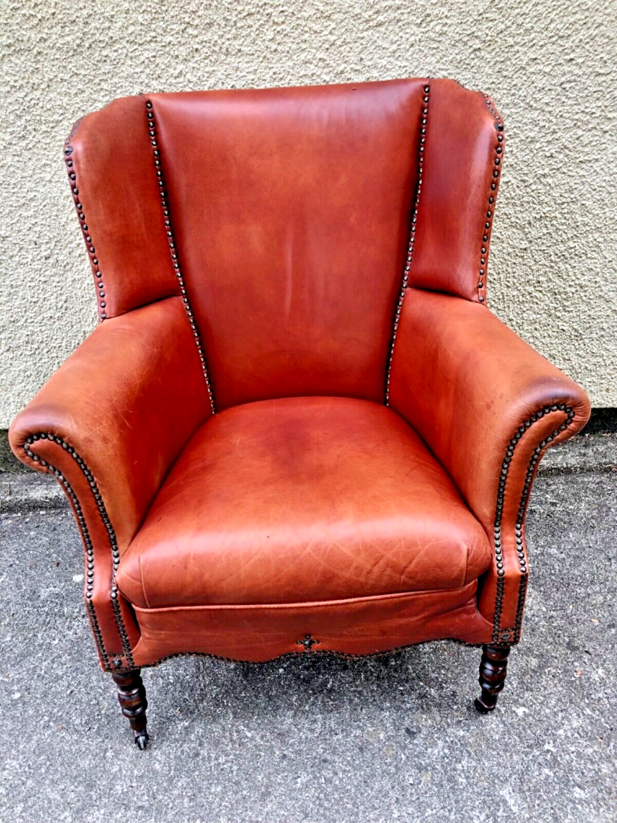 000834....Handsome Pair Of Smaller Vintage Leather Wing Back Armchairs / Leather Armchairs ( sold )