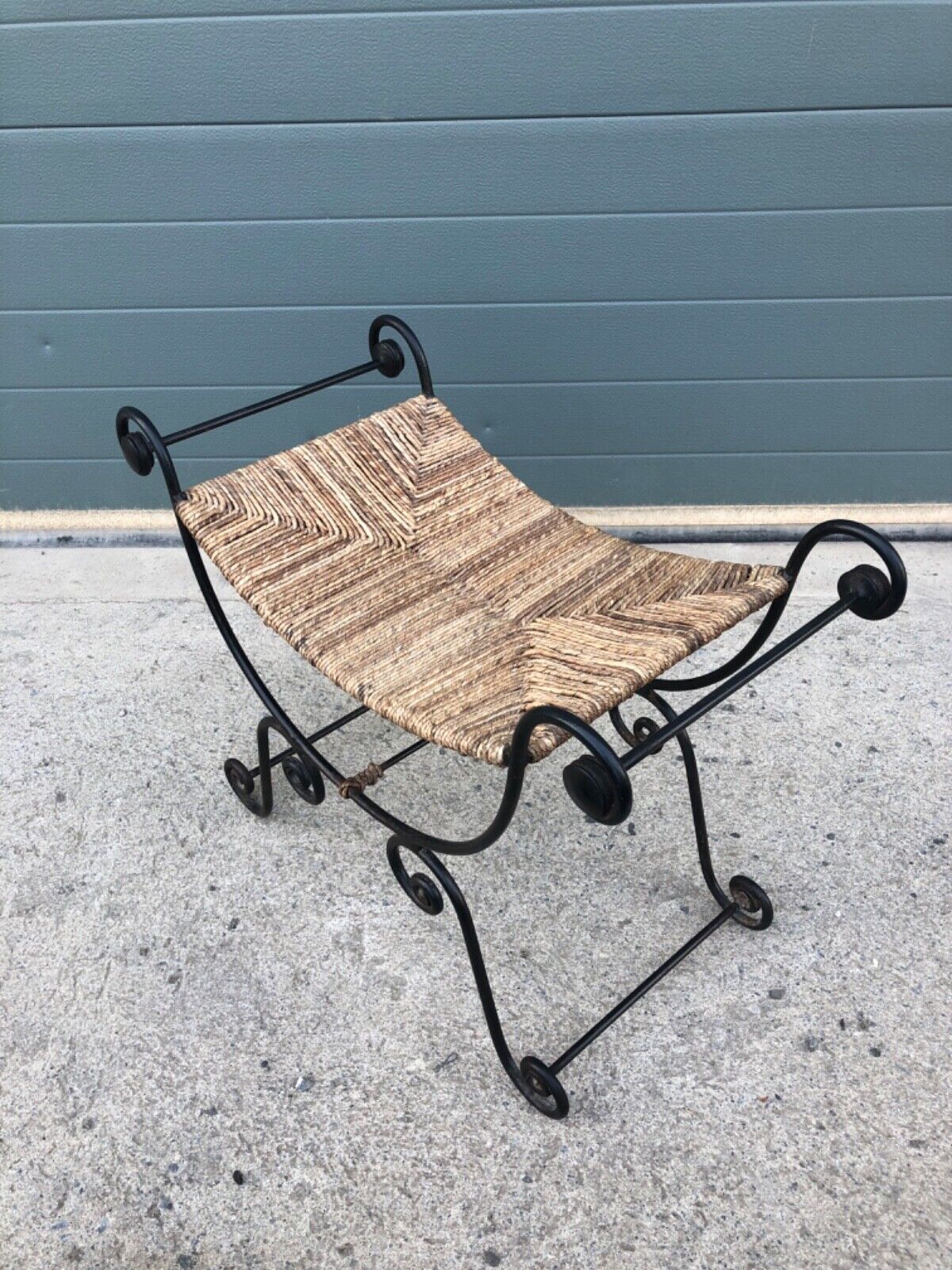 000841....Vintage Bohemian Style Wrought Iron Stool With Rush Seat ( sold )
