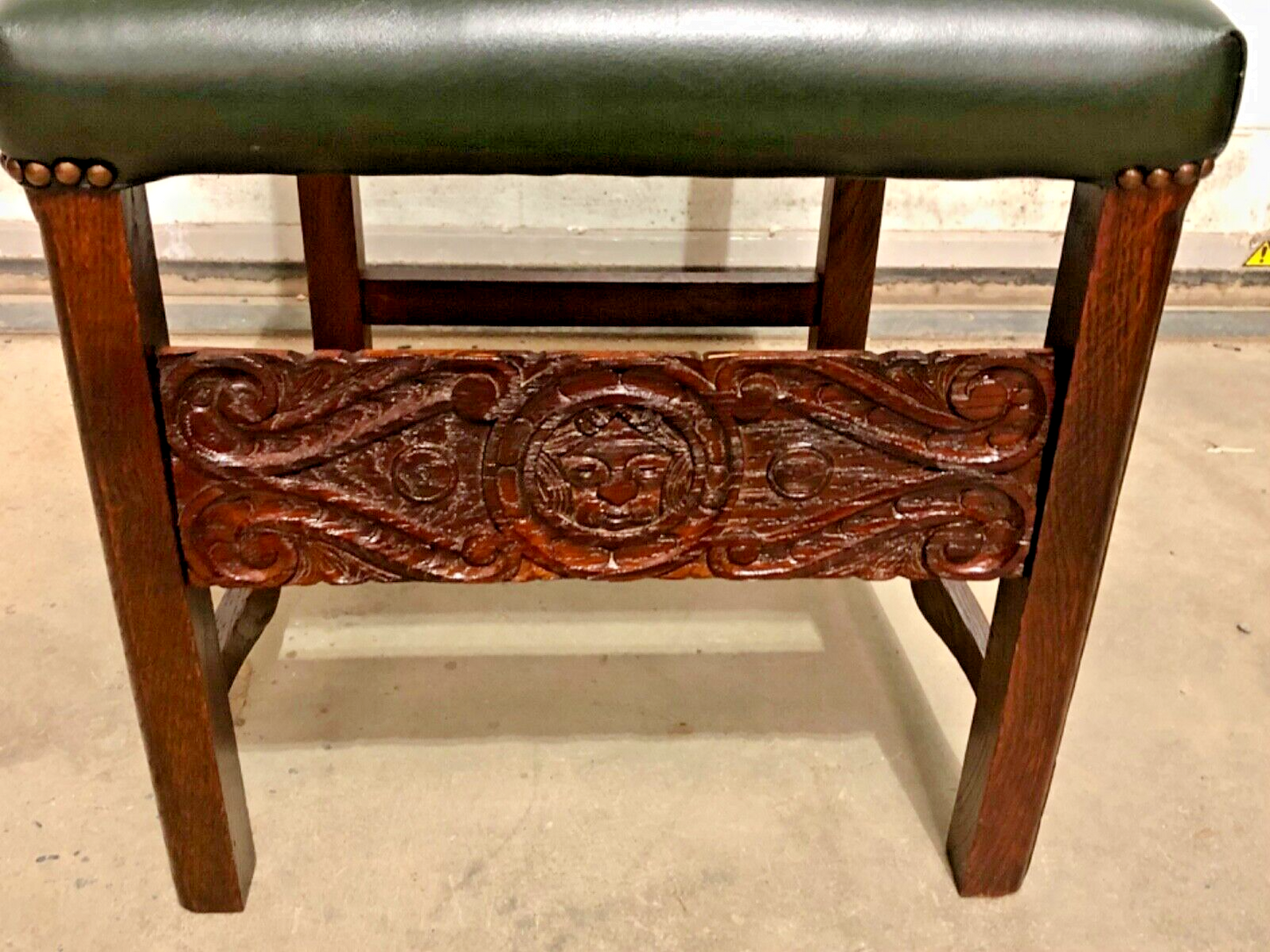 000847....Handsome Pair Of Carved Oak Hall Chairs With Green Leather Upholstery ( sold )