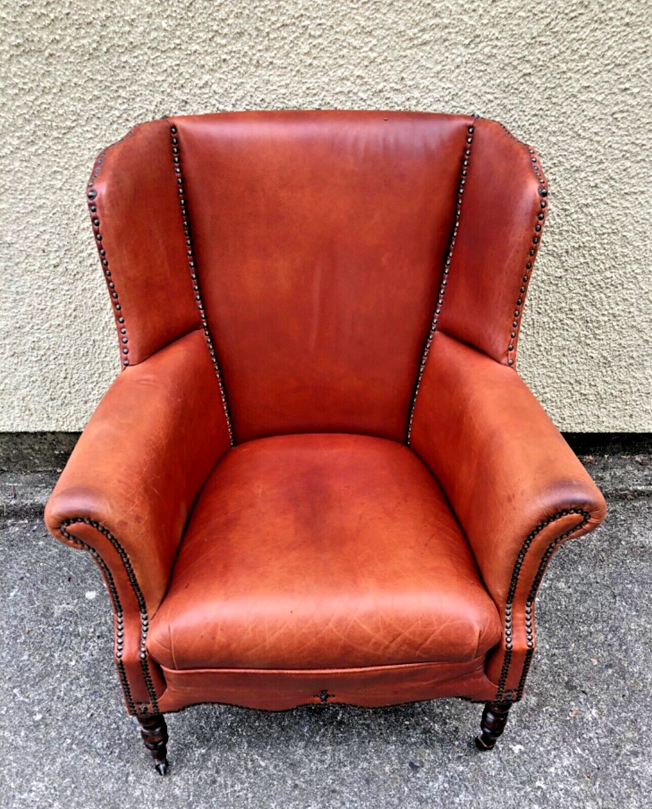 000834....Handsome Pair Of Smaller Vintage Leather Wing Back Armchairs / Leather Armchairs ( sold )
