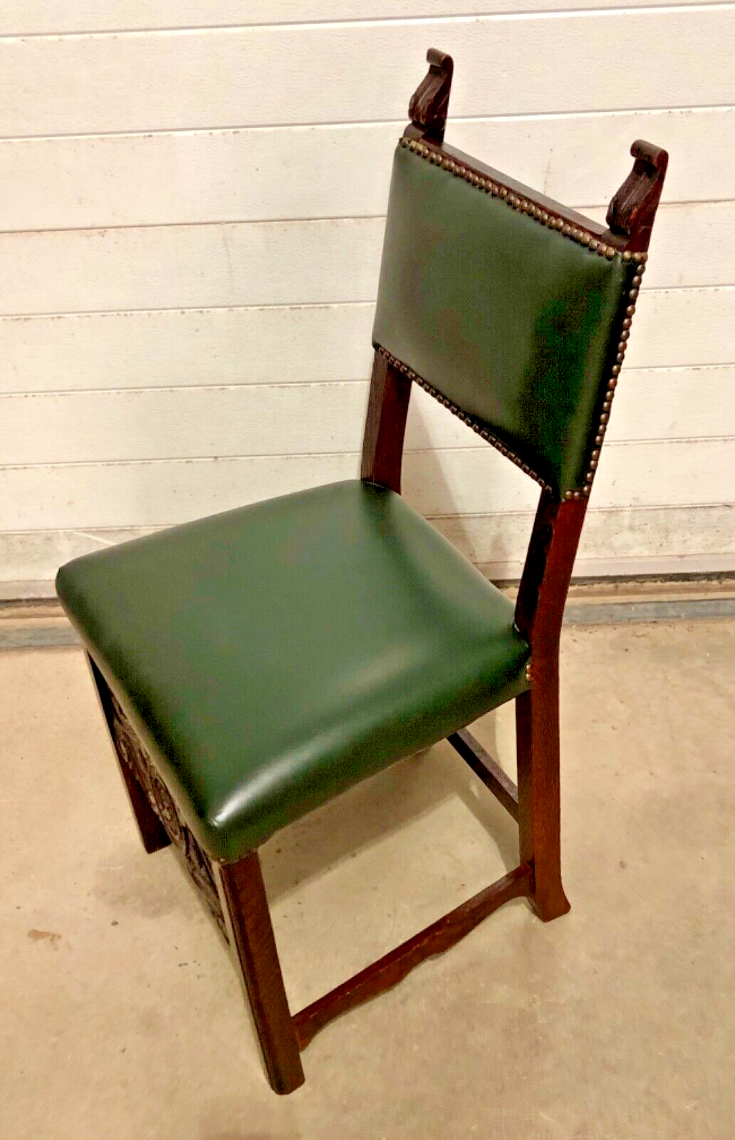 000847....Handsome Pair Of Carved Oak Hall Chairs With Green Leather Upholstery ( sold )
