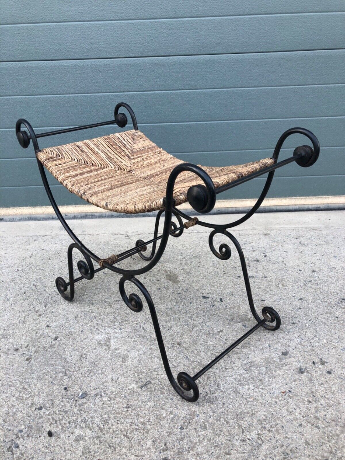 000841....Vintage Bohemian Style Wrought Iron Stool With Rush Seat ( sold )