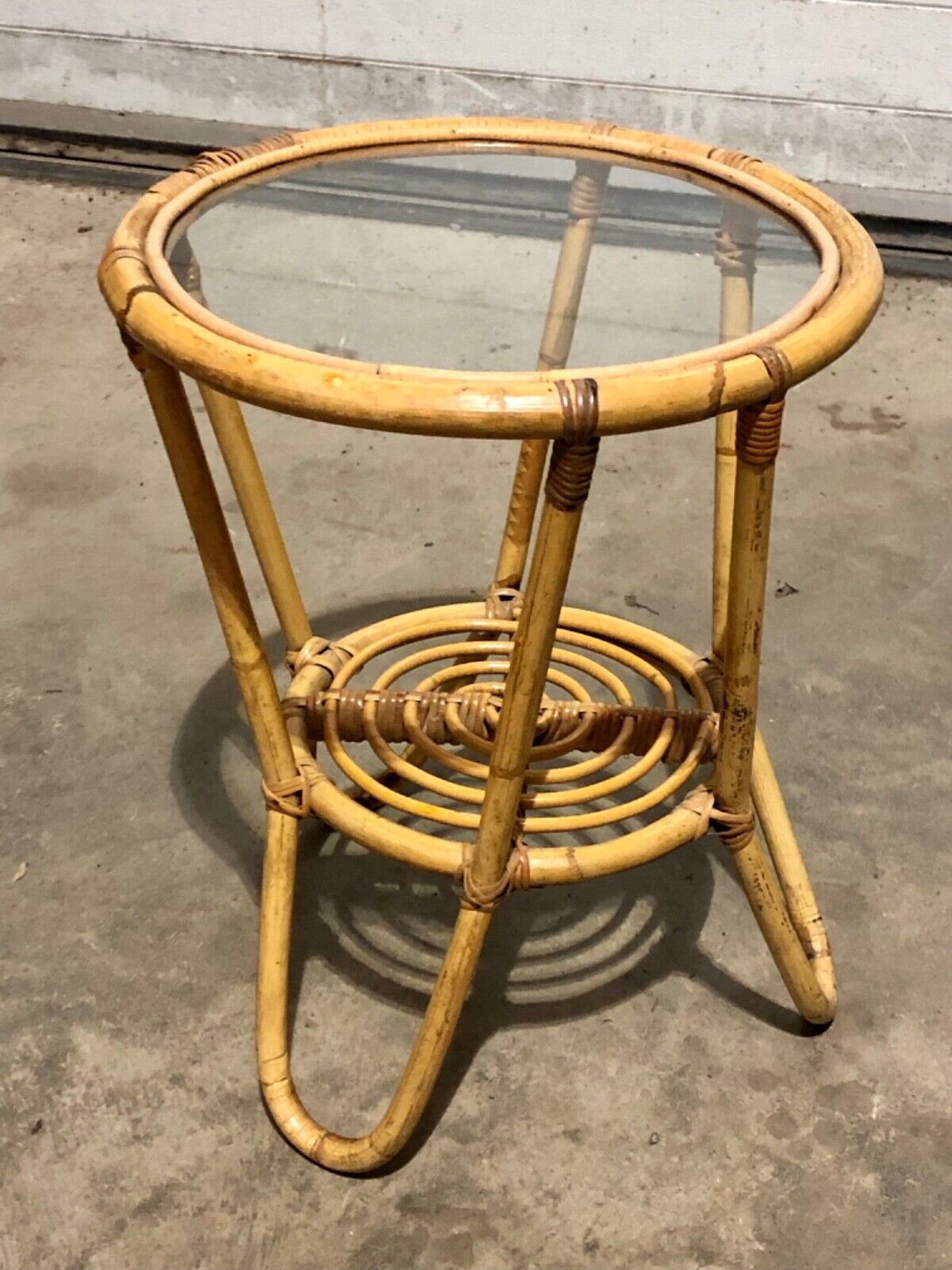 000782....Pair Of Vintage Bamboo Round Coffee Tables / Occasional Tables