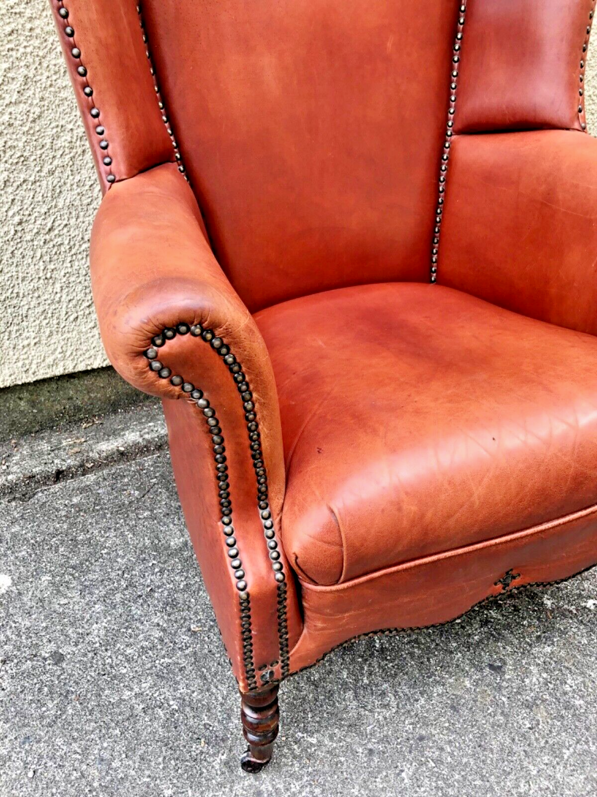 000834....Handsome Pair Of Smaller Vintage Leather Wing Back Armchairs / Leather Armchairs ( sold )