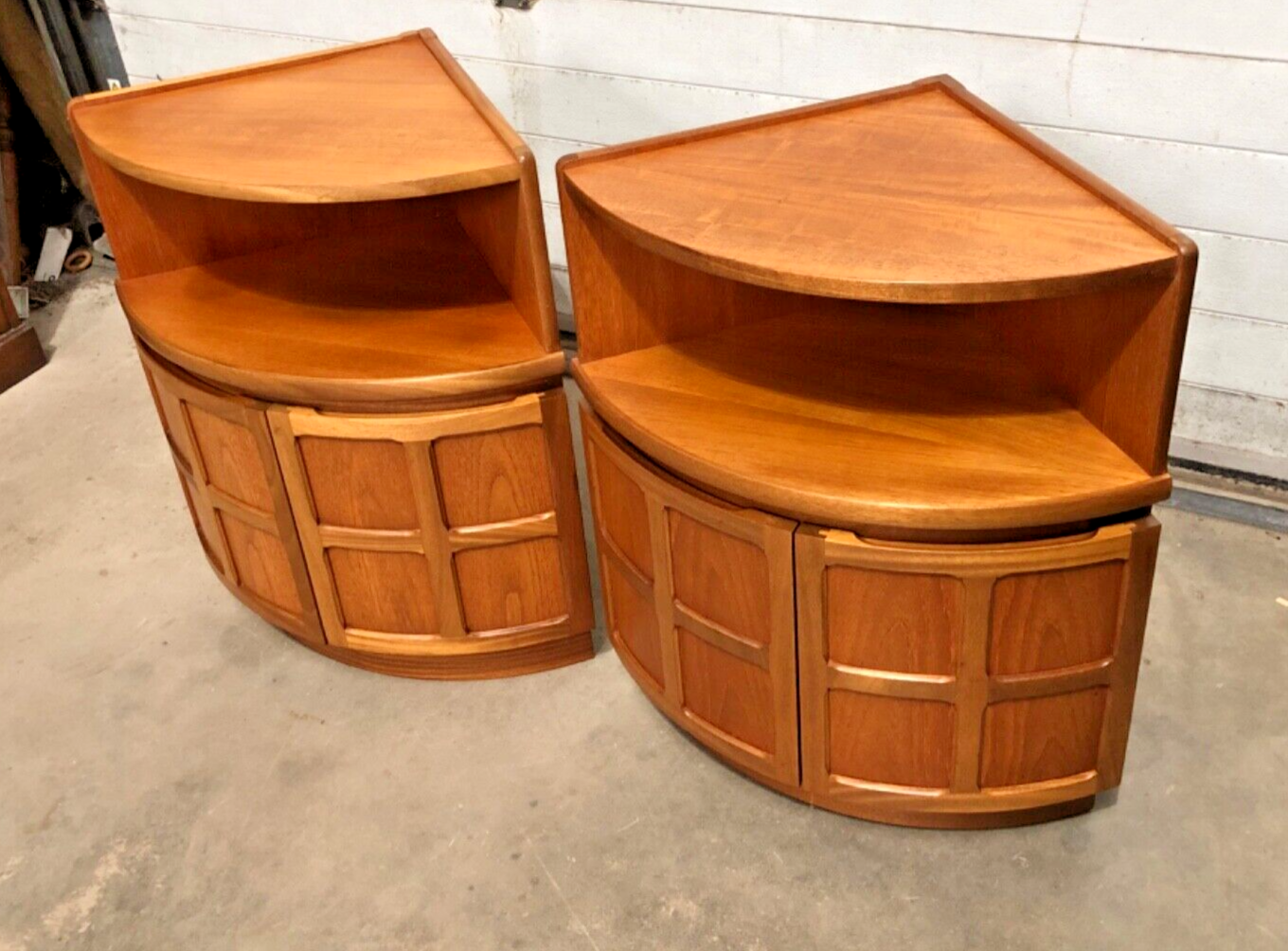 000849....Handsome Pair Of Retro Nathan Corner Cupboards / Teak Cupboards ( sold )