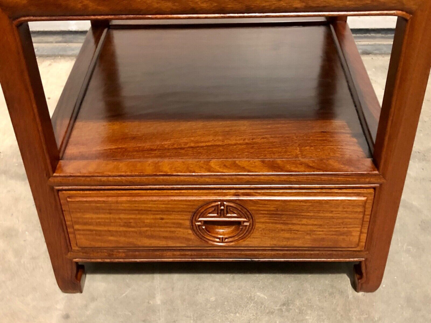 000736....Handsome Pair Of Chinese Hardwood Bedside Tables / Lamp Tables ( sold )