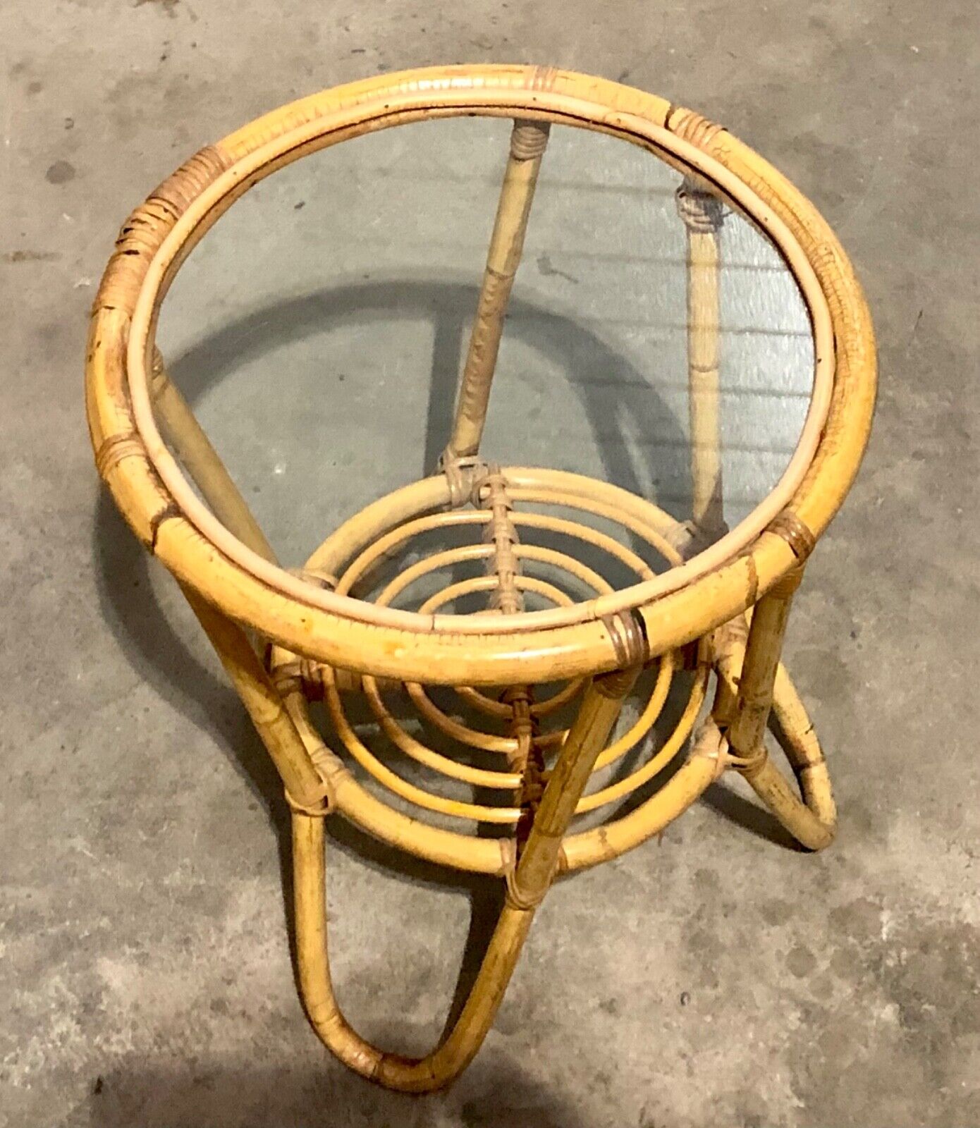 000782....Pair Of Vintage Bamboo Round Coffee Tables / Occasional Tables