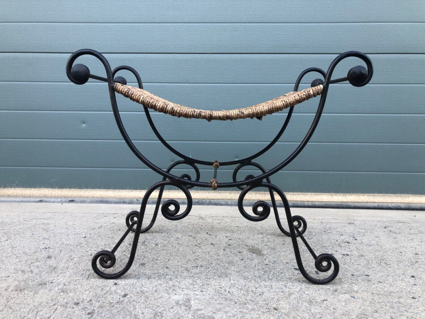 000841....Vintage Bohemian Style Wrought Iron Stool With Rush Seat ( sold )