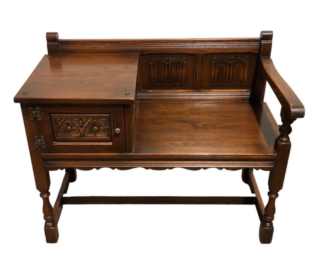 000788....Handsome Carved Oak Hall Seat / Old Charm Telephone Table ( sold )
