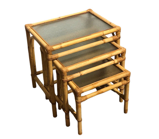 000769....Large Nest Of Vintage Bamboo Tables / Coffee Tables