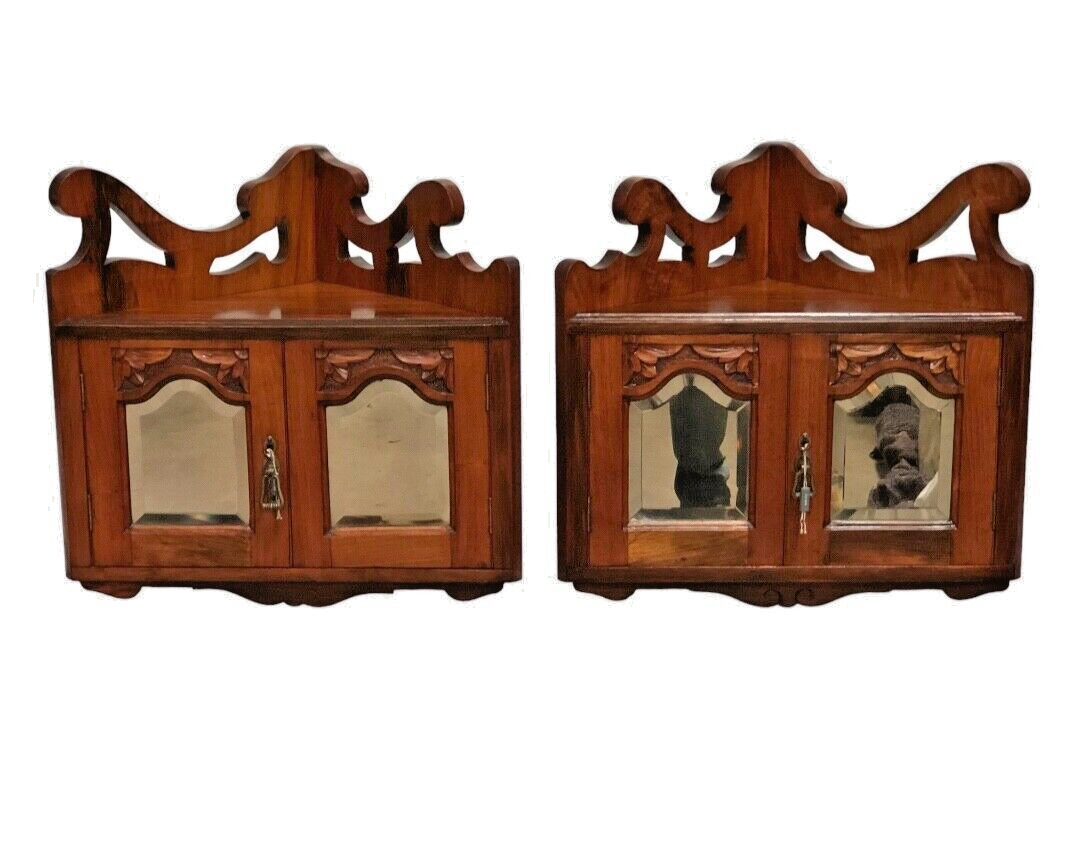 000839....Handsome Pair Of Walnut Wall Cabinets / Antique Corner Cabinets