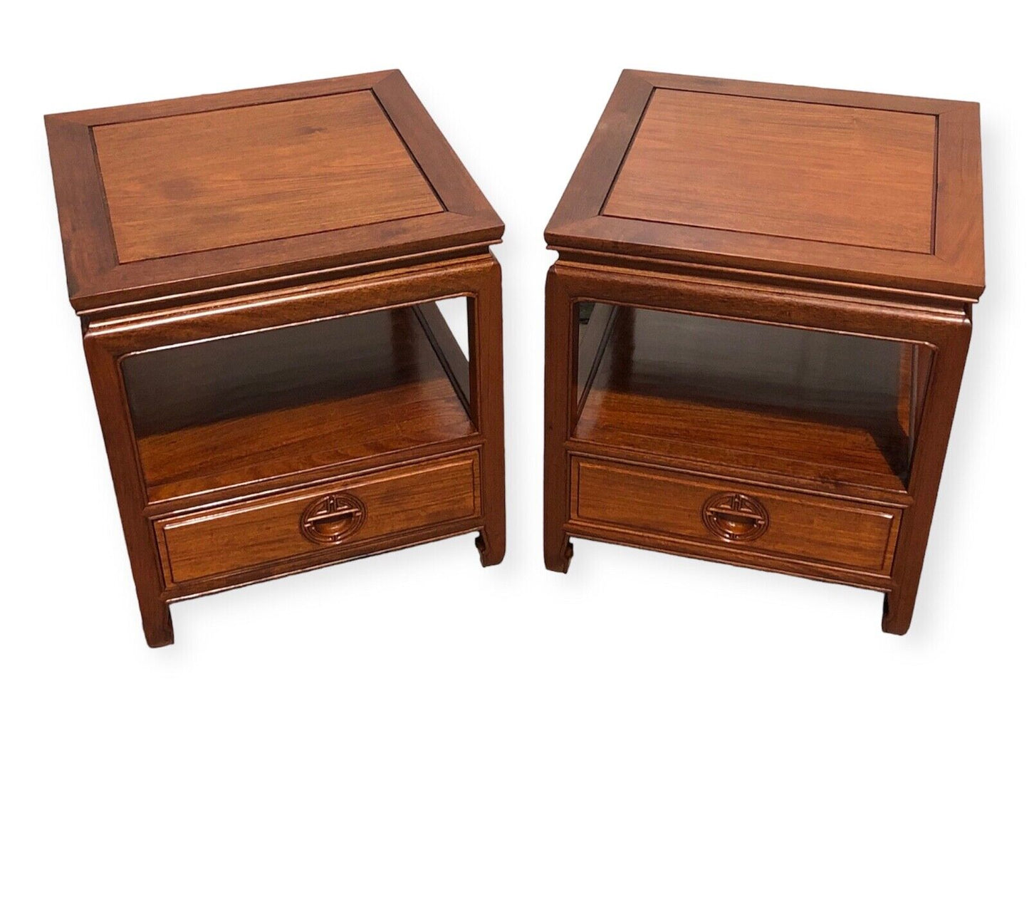 000736....Handsome Pair Of Chinese Hardwood Bedside Tables / Lamp Tables ( sold )