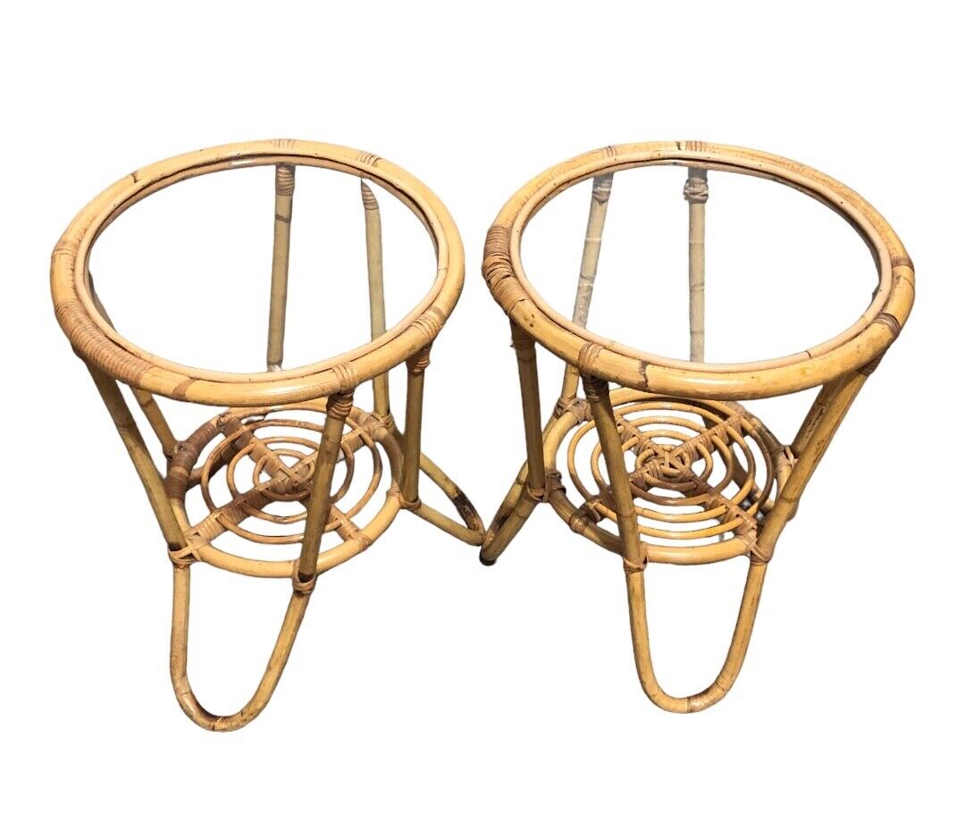 000782....Pair Of Vintage Bamboo Round Coffee Tables / Occasional Tables