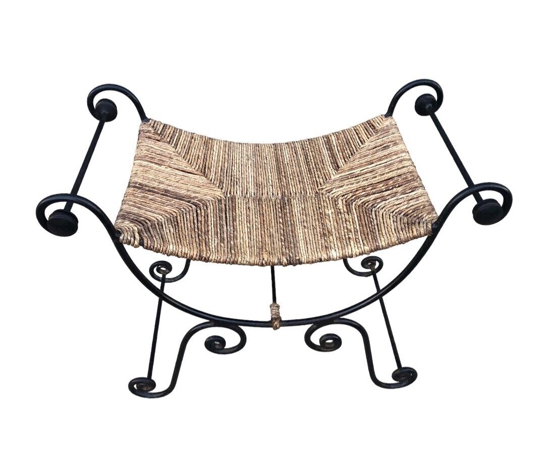 000841....Vintage Bohemian Style Wrought Iron Stool With Rush Seat ( sold )
