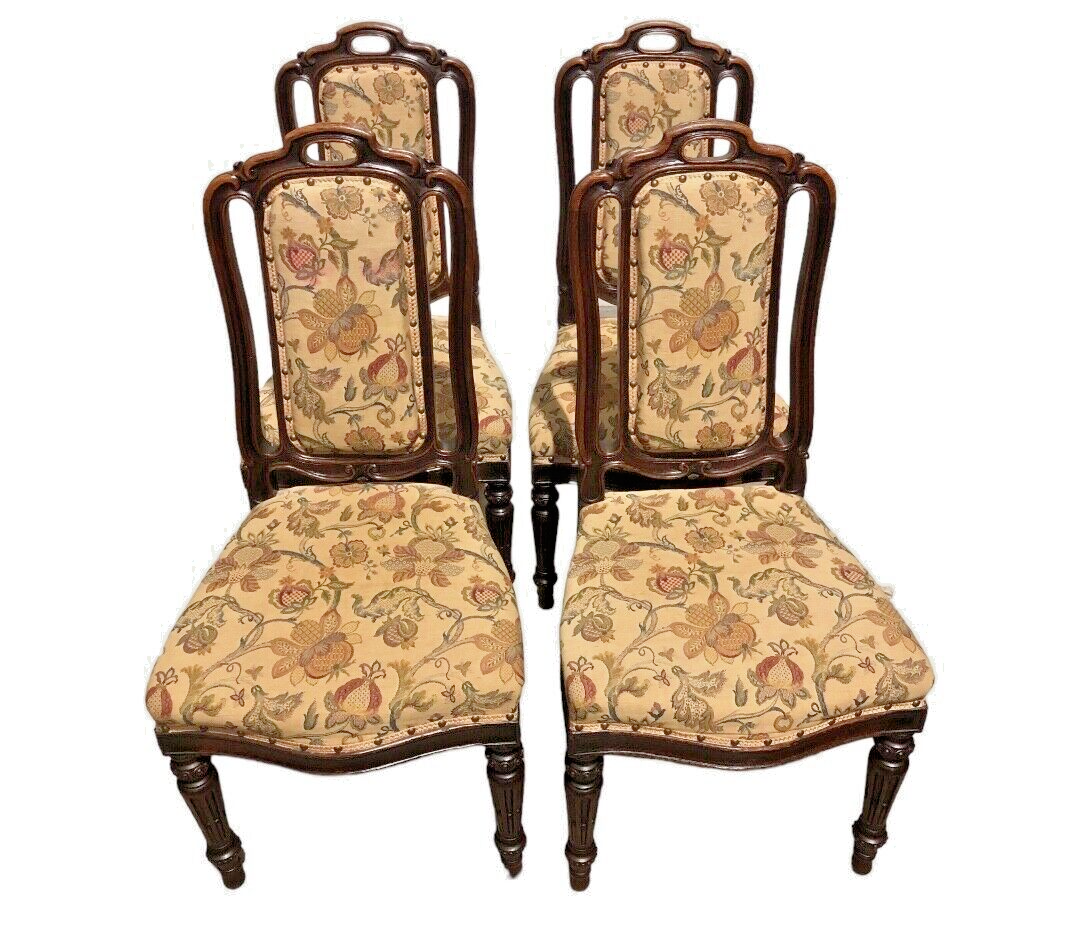 000790....Handsome Set Of Four Antique Carved Oak Dining Chairs