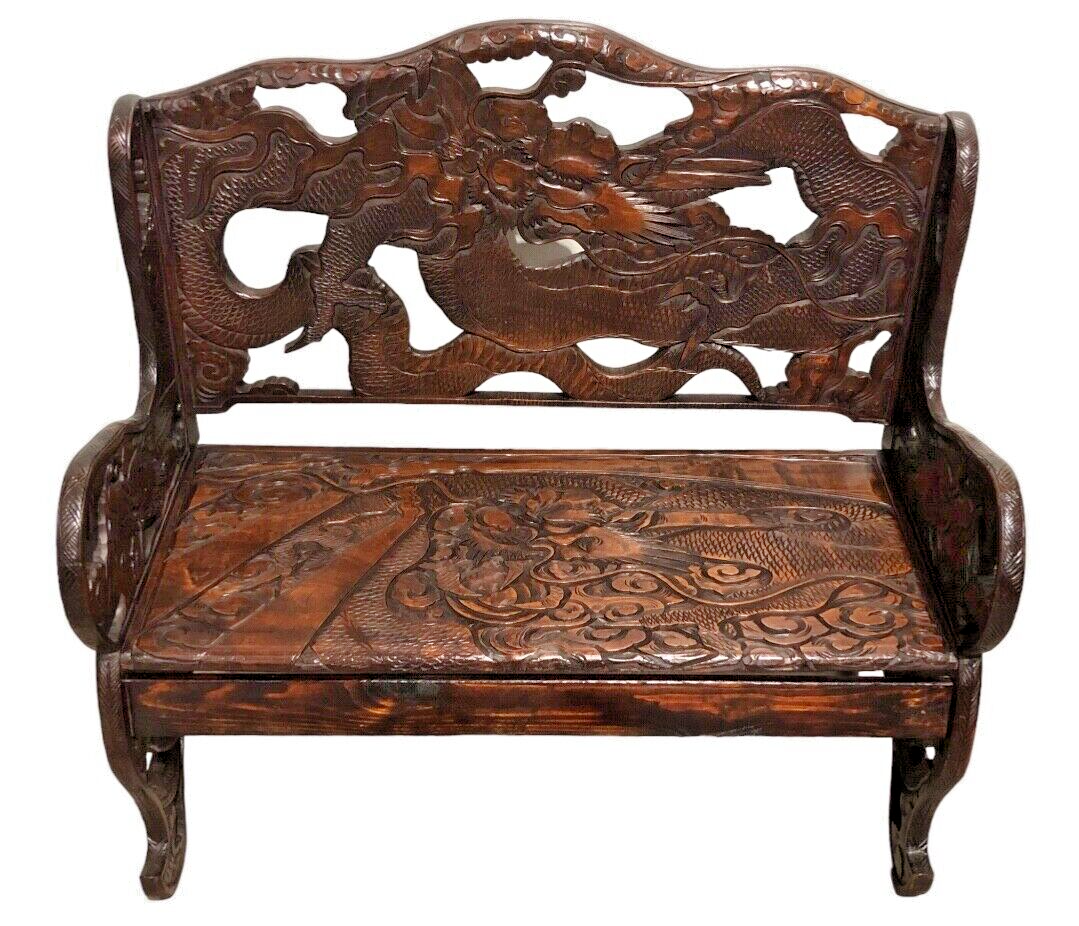 000760....Stunning Carved Oriental Bench / Hall Seat