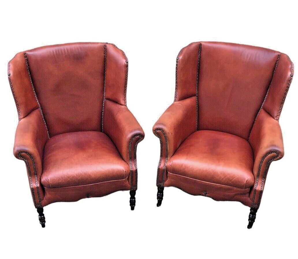 000834....Handsome Pair Of Smaller Vintage Leather Wing Back Armchairs / Leather Armchairs ( sold )