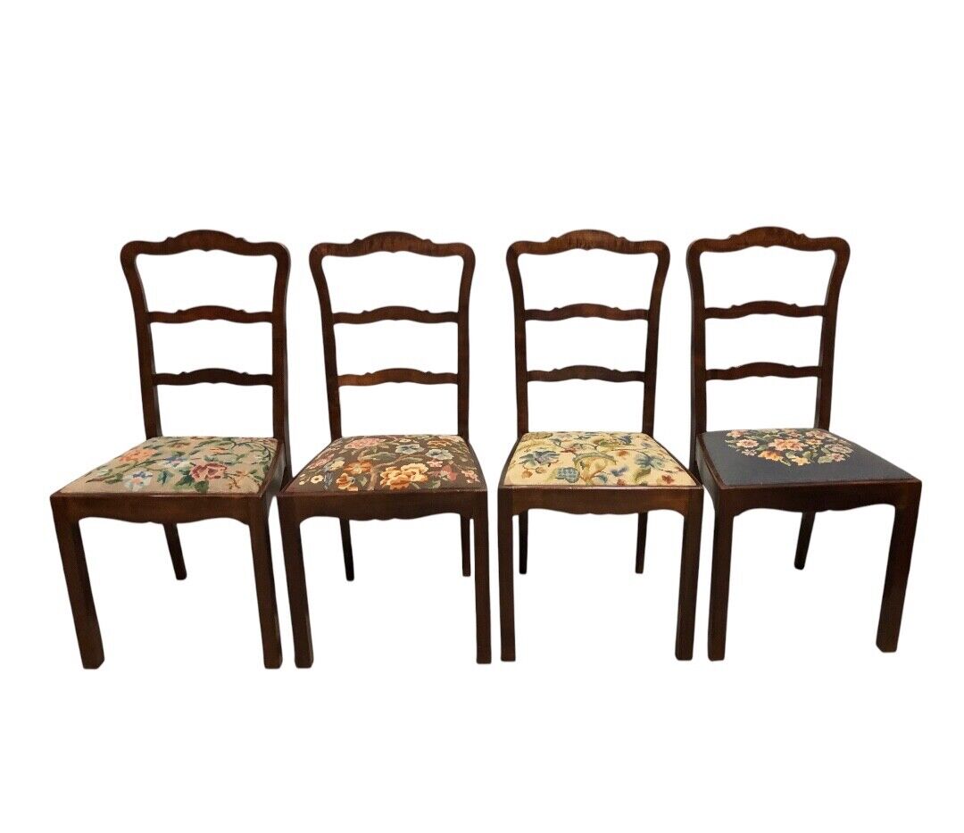 000744....Handsome Set Of Four Vintage Chairs With Tapestry Seats